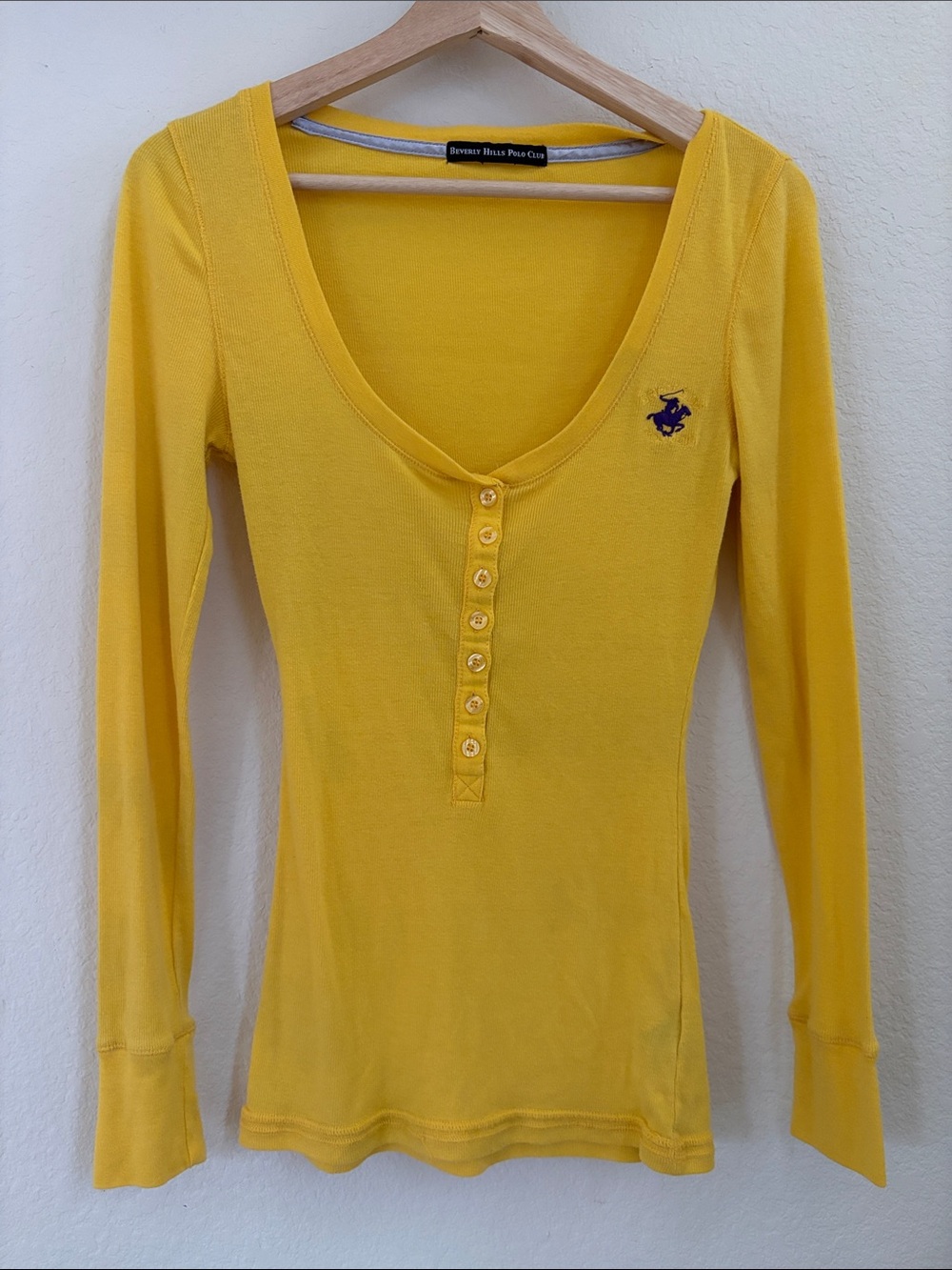 Beverly Hills Polo Club Yellow Long-Sleeve Scoop Henley with Embroidered Pony